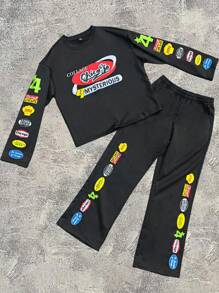 Manfinity Roghcode 2 Pieces Printed Knitted Young Street Suit, Graphic Men T Shirt, Long Sleeve, Motorcycle Graphic Printed On Sleeves And Legs, Street Wear - Black - View 2