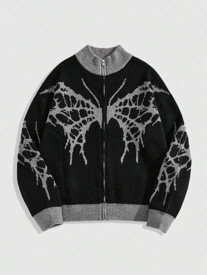 Grunge Punk Men's Metallic Zipper Butterfly Pattern Long Sleeve Cardigan Sweater