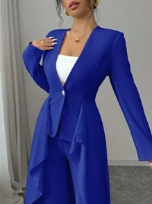 Elenzga Women's Waist Tailored Suit With Ruffled Hem, Elegant & Romantic
