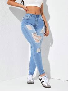 SHEIN EZwear Women's Pocketed Distressed Skinny Casual Versatile Jeans