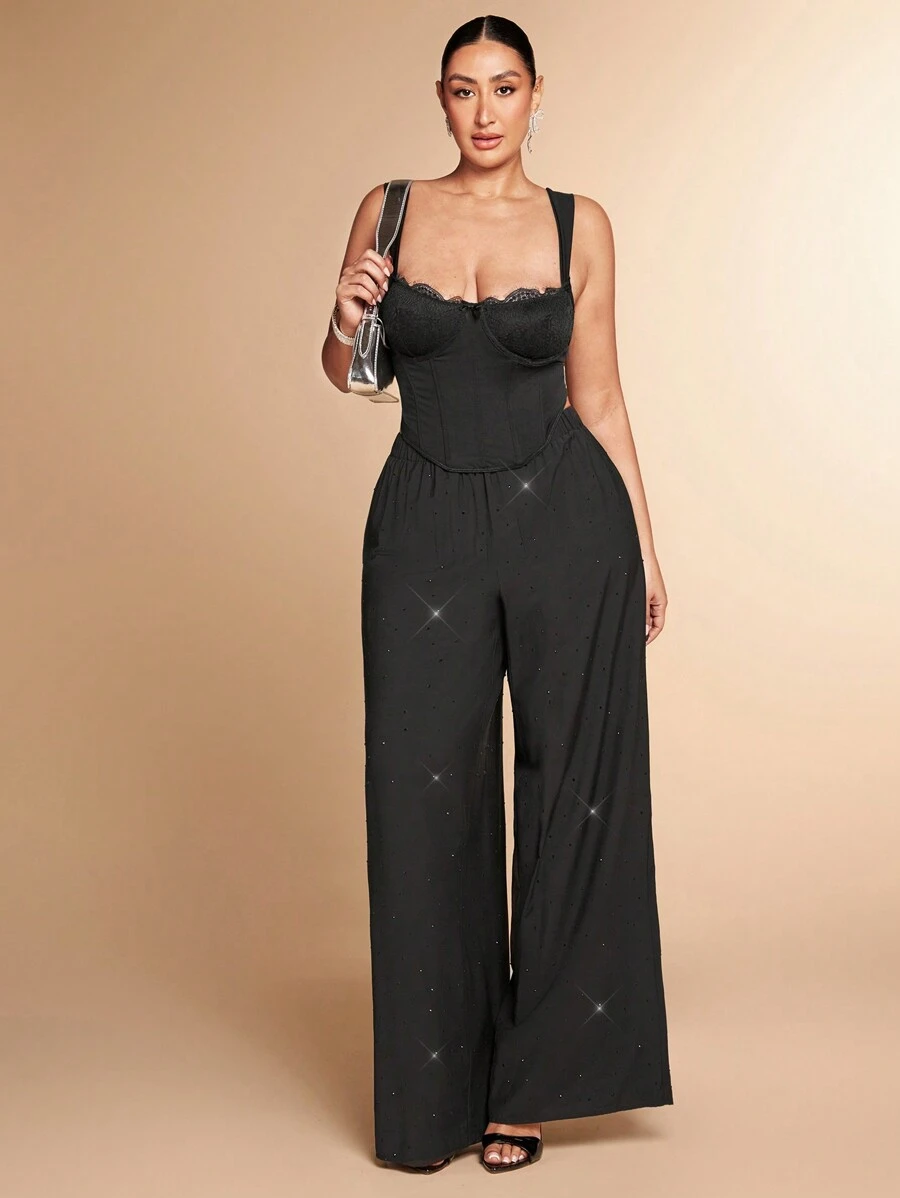 SHEIN BAE Plus Size Women's Black Rhinestone Elastic Waist Pants, Romantic For Date, Formal Occasions, Party, Commuting, Going Out At Night