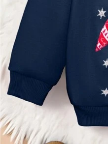 Young Boys Crewneck Sweatshirt, Funny Christmas Deer Print Family Matching Outfit, With Hood, Antlers, Scarf, Gift Box, Star, "MERRY CHRISTMAS" - Blue - View 5