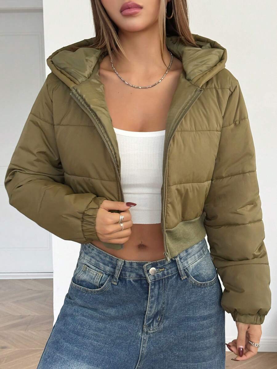 SHEIN 少女纯色短款连帽绗缝休闲街头风保暖加厚外套/棉服 - 軍綠色 - 查看 1