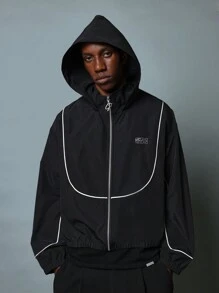 SUMWON Windbreaker Track Jacket With White Piping Detail Retro Sporty Zip Up Hooded Athletic Outerwear Lightweight Training Jacket - Black - View 2