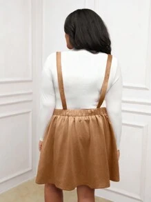 SHEIN LUNE Suede-Like Long Sleeve Dress With Metal Button & Overall Straps, Versatile Plus Size Long Sleeve Dress Winter Dresses For Women Thanksgiving Outfit Women New Years Women Outfit Winter Dresses Winter Clothes Women Rave Outfits Winter Dresses For Women Winter Outfits For Women