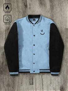 Manfinity Hypemode Chaqueta universitaria de ajuste holgado para hombre, de 1 pieza, con estampado de expresión y bloques de color en los hombros