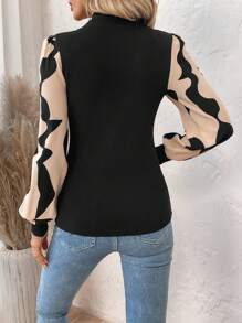 SHEIN LUNE High Neck Geometric Print Color Block Thermal Fitted Baselayer Top For Women - Black - View 2