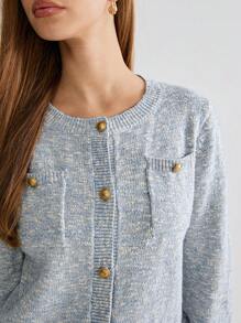 Enchnt Áo len cardigan dài tay đơn sắc cài nút phía trước dành cho nữ - Màu xanh lam - Xem 2