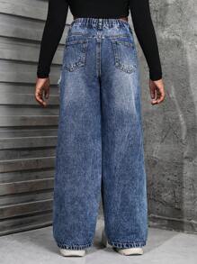 SHEIN Quần jeans ống rộng denim mài bạc màu phong cách Y2K Fairycore dành cho bé gái, họa tiết ngôi sao, viền tua rua, thích hợp cho mùa thu tựu trường. - Rửa trung bình - Xem 2