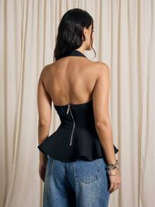 AiiRZ Blusa con cuello halter en pico y volantes - Negro - Ver 3