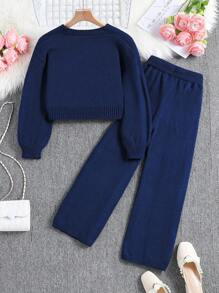 Sparklyn Tween Girls' Solid V-Neck Front Button Cardigan And Pants Knitted Sweater Set - Royal Blue - View 2