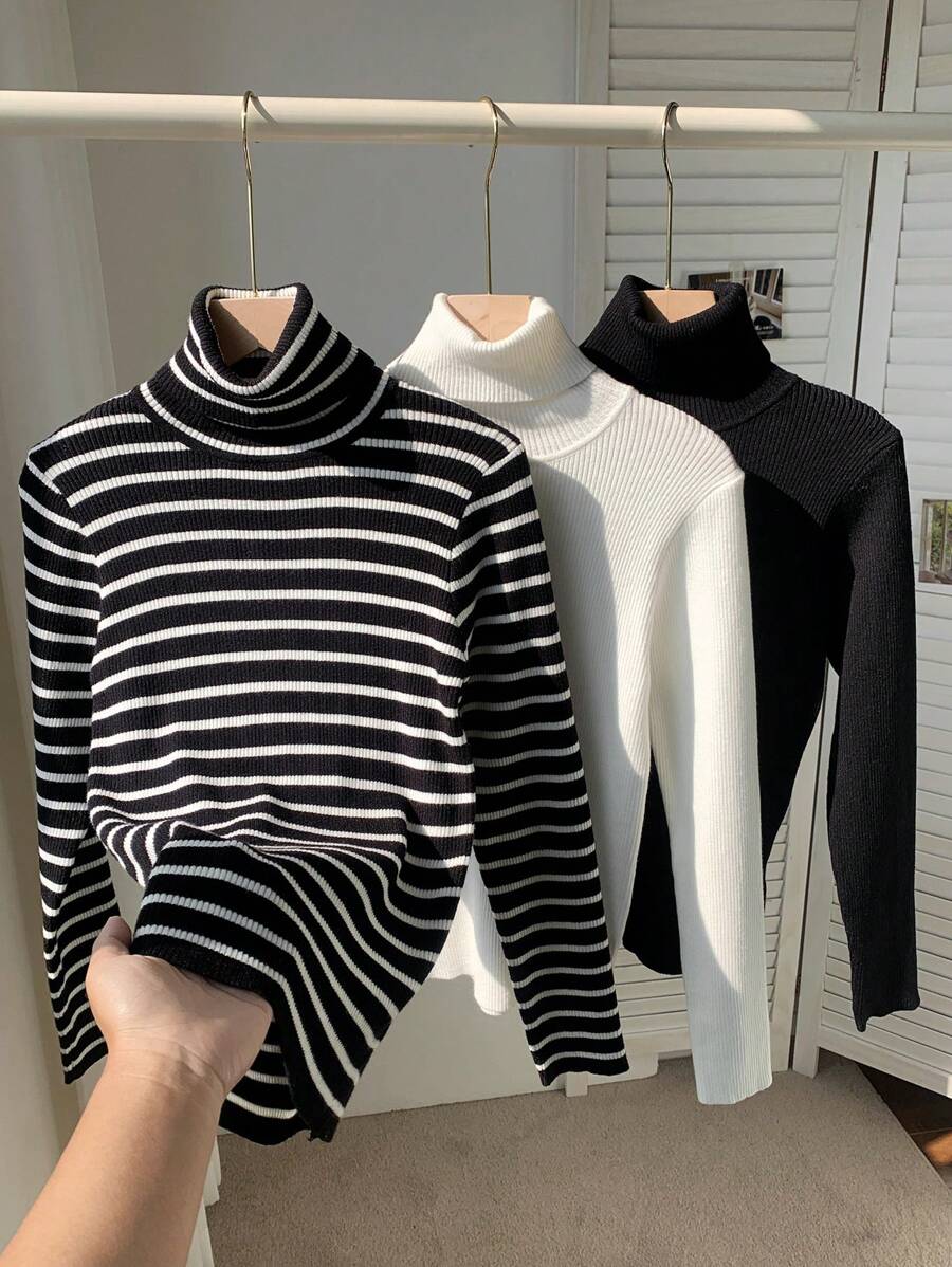 Comfortcana 3pcs Turtleneck Ribbed Solid & Stripe Knit Sweater