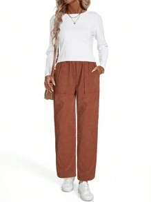 EMERY ROSE 休闲纯色裤，简约时尚，适合日常穿着 - 駝色 - 查看 3