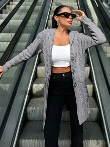EURMUSE Women Casual Solid Color Patchwork Pocket Single Breasted Hooded Long Cable Knit Cardigan - Grey - View 5