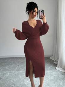 Chiquease Unique Design Lace Trim Knitted Sweater Dress, Waist Cinched Style, Elegant Look - Burgundy - View 8