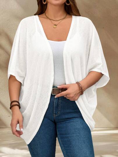 EMERY ROSE Plus Size Vacation Solid Color Asymmetric Hem Batwing Sleeve Casual Jacket,Spring/Summer ,