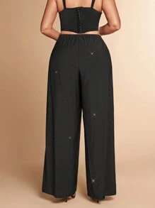 SHEIN BAE Plus Size Women's Black Rhinestone Elastic Waist Pants, Romantic For Date, Formal Occasions, Party, Commuting, Going Out At Night