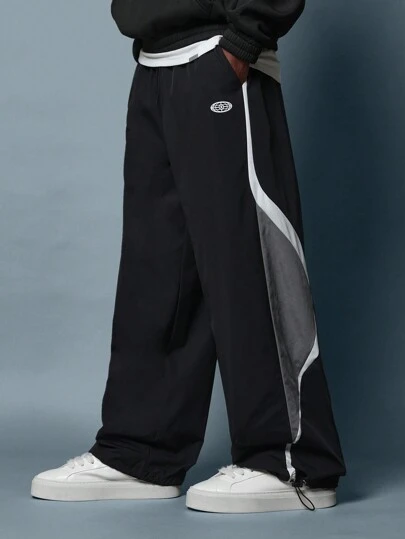 SUMWON 尼龙阔腿运动裤降落伞风格拼色松紧腰街头宽松裤秋冬运动装运动休闲运动裤