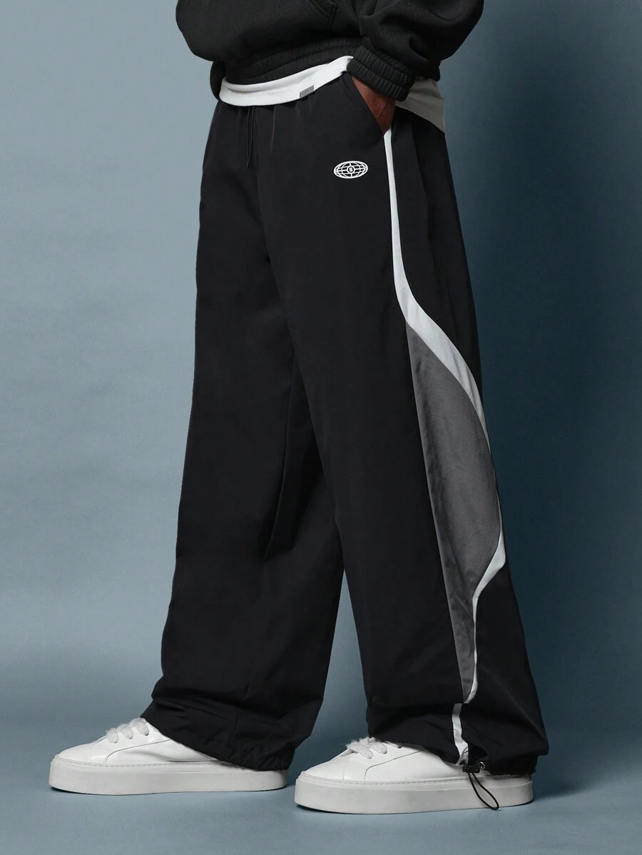 SUMWON Nylon Wide Leg Track Pants Parachute Style Color Block Elastic Waist Streetwear Baggy Pants Fall Winter Sportswear Athleisure Track Bottoms