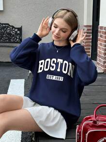 SHEIN EZwear Women's Casual Round Neck Sweatshirt, Minimalist Style For Daily Wear