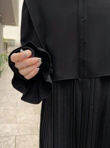 FRIFUL 女式长袖口多层喇叭中长连衣裙，秋季连衣裙 - 黑色 - 查看 6