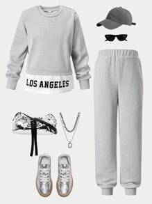 SHEIN Conjunto de chándal de niña preadolescente con parte superior de manga larga con cuello redondo y estampado de letras y colores en bloque, y pantalones de cintura elástica