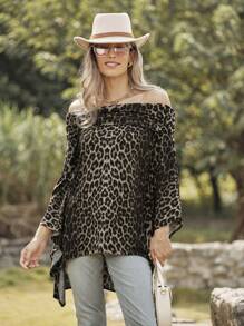 SHEIN LUNE 女士休闲露肩豹纹 T 恤（随机剪裁）图案猎豹印花 T 恤女士上衣 - 彩色 - 查看 3