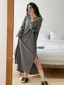 DAZY Minimalist Solid Color Loose Long House Dress Pajama - Grey - View 3