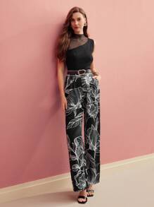 MOTF Women's Plant Print Pleated Pocket Wide Leg Loose Elegant Casual Pants - Black - View 4