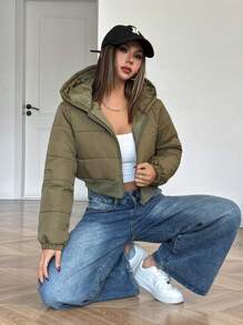 SHEIN 少女纯色短款连帽绗缝休闲街头风保暖加厚外套/棉服 - 軍綠色 - 查看 6