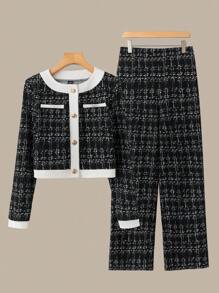 SHEIN Clasi 2pcs Women Elegant Color Contrast Trim Button Front Shirt & Pants Set, Autumn/Winter Two Pieces Fall Outfits