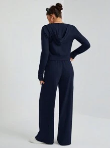SHEIN Tall Conjunto informal de dos piezas con top gris con capucha y cremallera al frente ajustado + pantalón de pierna ancha
