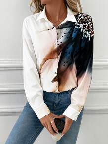 SHEIN Clasi 女士长袖印花休闲衬衫，日常时尚 - 白色 - 查看 4