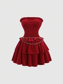 Sweetra Rochie mini din catifea stil vintage de calitate premium, cu tiv cu volan, fără mâneci și potrivită pentru ocazii elegante, ținută de toamnă/iarnă Y2K Rochie de petrecere de sărbători de Crăciun pentru haine de Anul Nou - roșu - Vizualizare 1