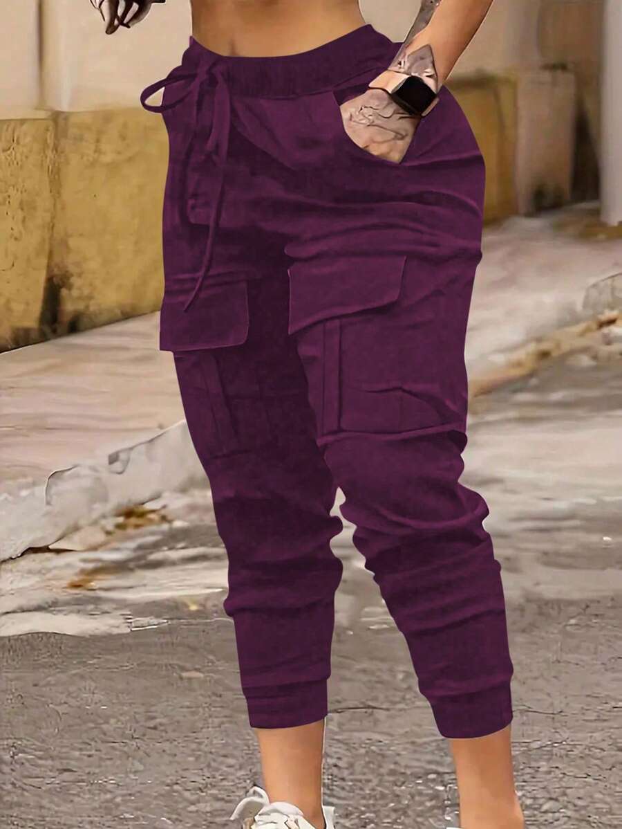 Flirla Plus Size High-Waist Cargo Pants - Purple - View 1