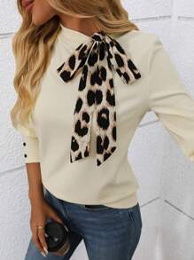 INAWLY Women Leopard Print Lace-Up Thermal Undershirt, Autumn/Winter Graphic Cheetah Print Tees Women Tops - Apricot - View 3