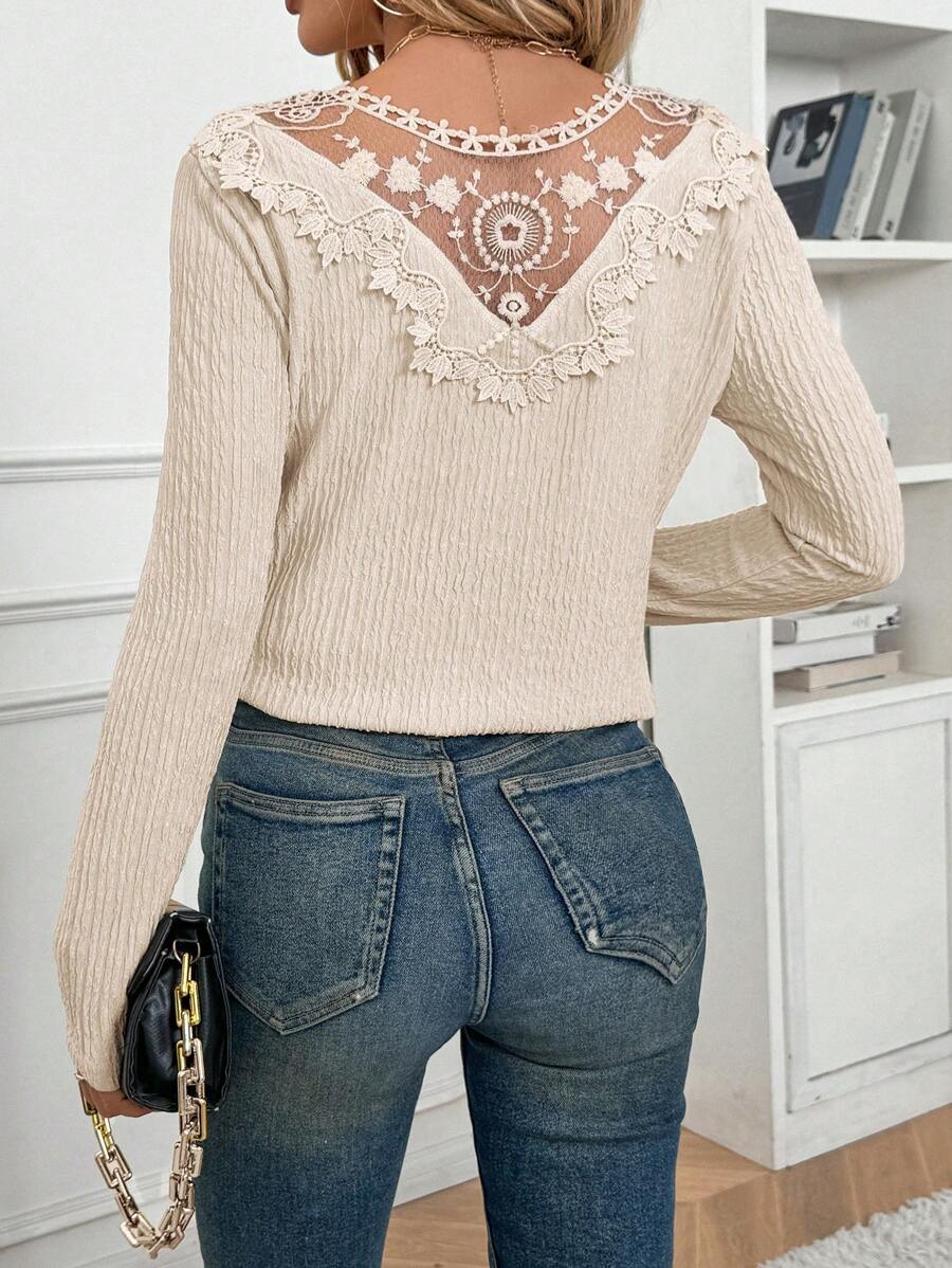 SHEIN Frenchy 女士 V 领蕾丝拼接长袖 T 恤，优雅 - 杏色 - 查看 1