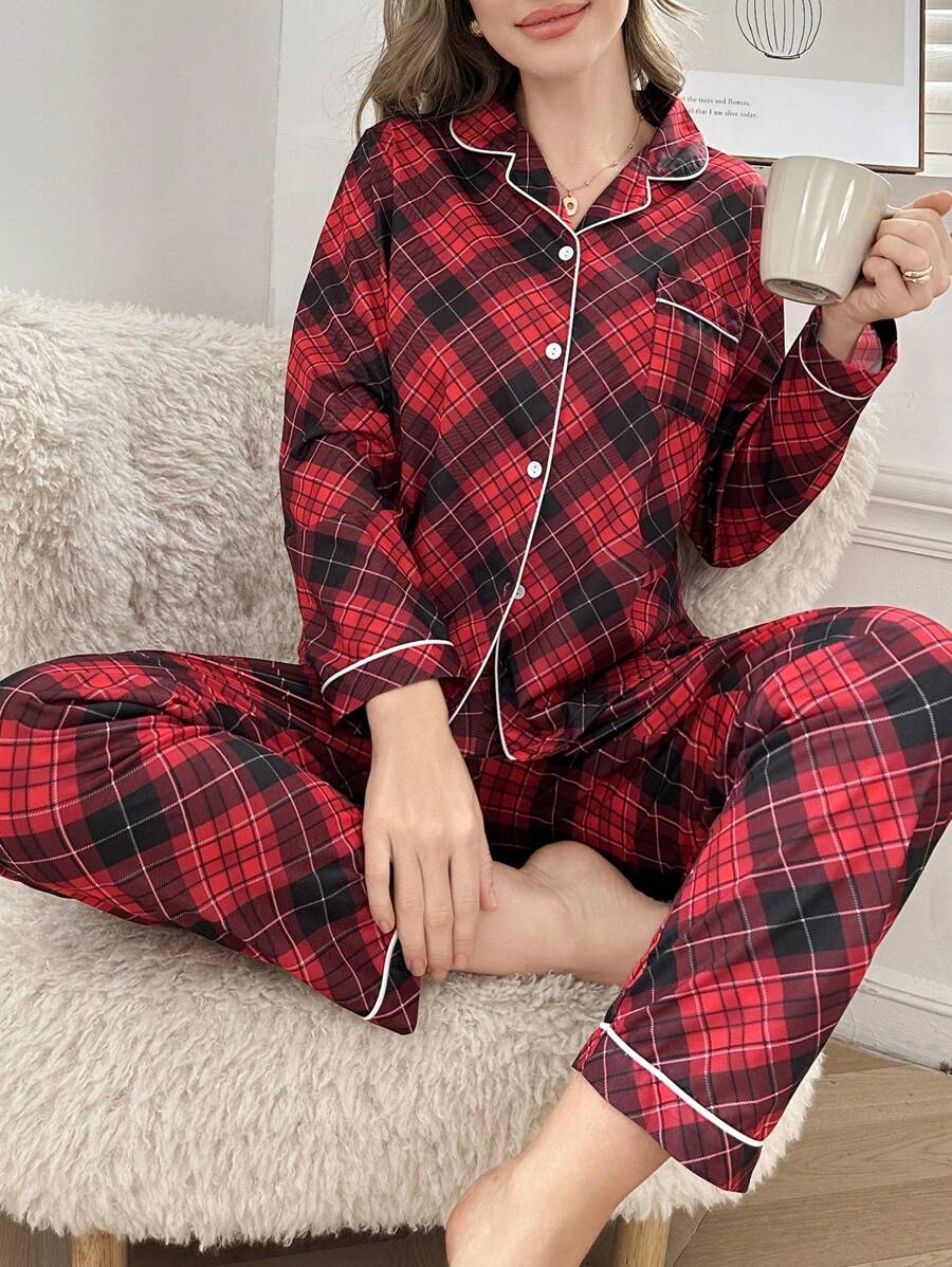 格纹印花翻领长袖上衣和裤子睡衣套装 - 彩色 - 查看 1