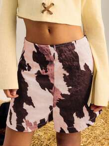 SHEIN Unity Denim Effect Cow Pattern Bermuda Shorts, New Year - Multicolor - View 6