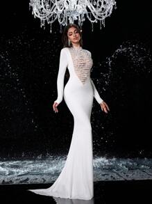 Glamrae Vestido elegante de noche de corte sirena de ajuste ceñido, decorado con cristales de rhinestones y perlas, adecuado para eventos y fiestas formales - Blanco - Ver 5