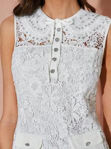 Enchnt 秋冬浪漫女士白色花卉刺绣蕾丝精致水钻装饰蝴蝶结无袖迷你连衣裙，优雅甜美可爱，适合感恩节、圣诞派对、漂亮约会之夜、浪漫晚餐约会和花园派对