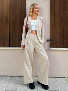 SHEIN EZwear Women Casual Solid Color Loose Blazer Jacket And Pants Suit, Autumn