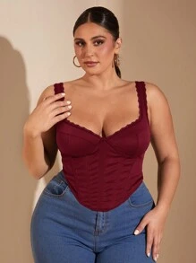 SHEIN BAE Plus Size Fall Sweet Sexy Elegant Woman Black Lace Lace Neckline Fishbone Corset Corset Party Top Work Top - Burgundy - View 5