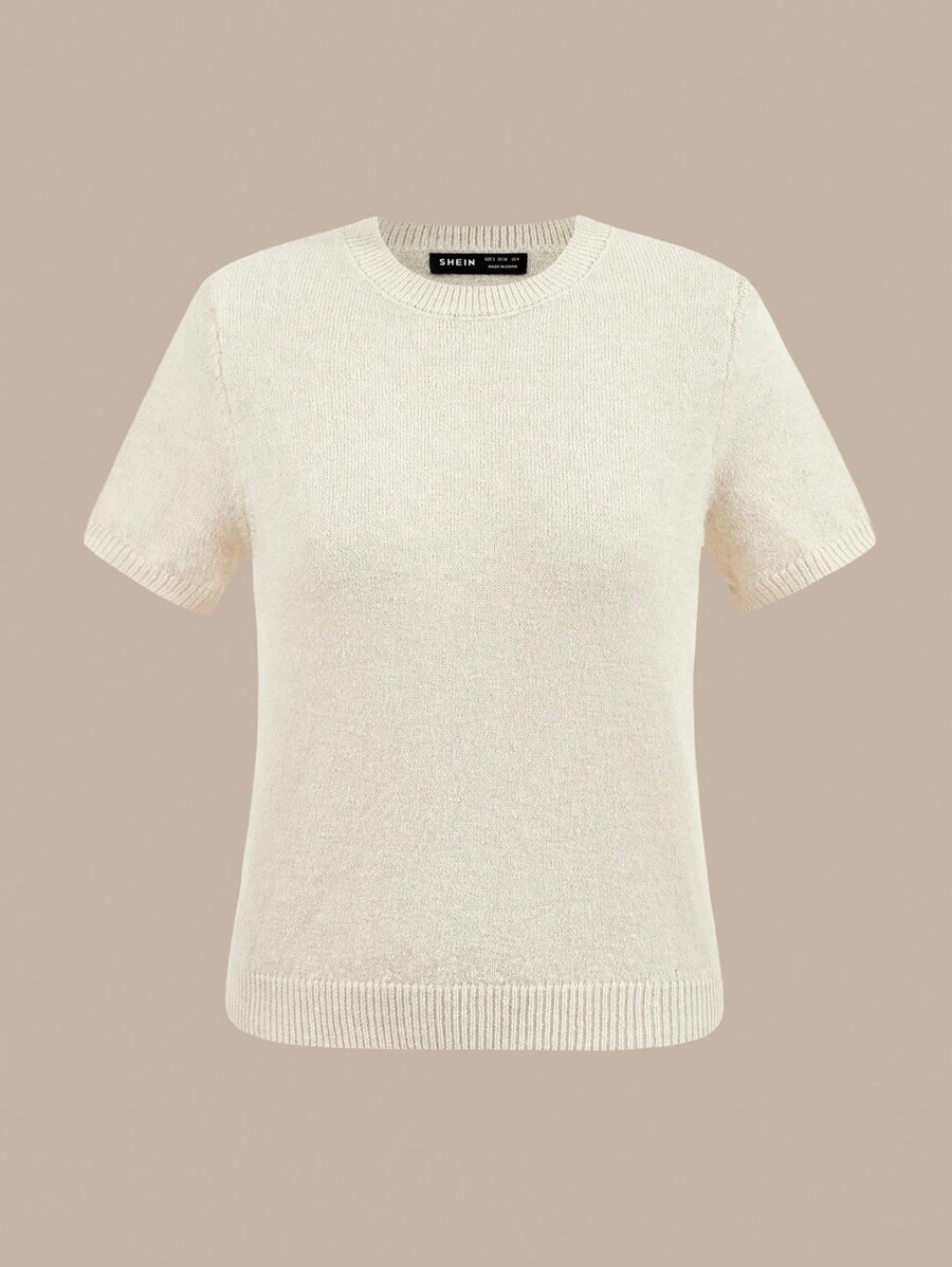 SHEIN BASICS Áo len cổ tròn tay ngắn màu trơn thường ngày cho nữ - Màu be - Xem 1