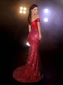 Glamrae Elegant, Gorgeous And Sexy Rose Red Fine Sequins And Sequins Are Stitched With Elastic Satin One-Shoulder Shape Chest Horn Herring Bone V-Shaped Slim Mermaid Floor-Length Skirt Suitable For Dinner Bachelor Party Date Prom Wedding Evening Dress