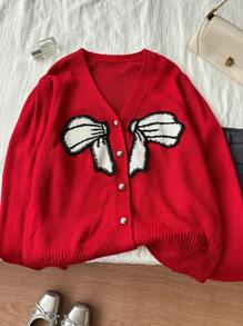 SHEIN Frenchy Damen Große Größen Weihnachten Schmetterling V-Ausschnitt Strickjacke - Rot - Übersicht 1