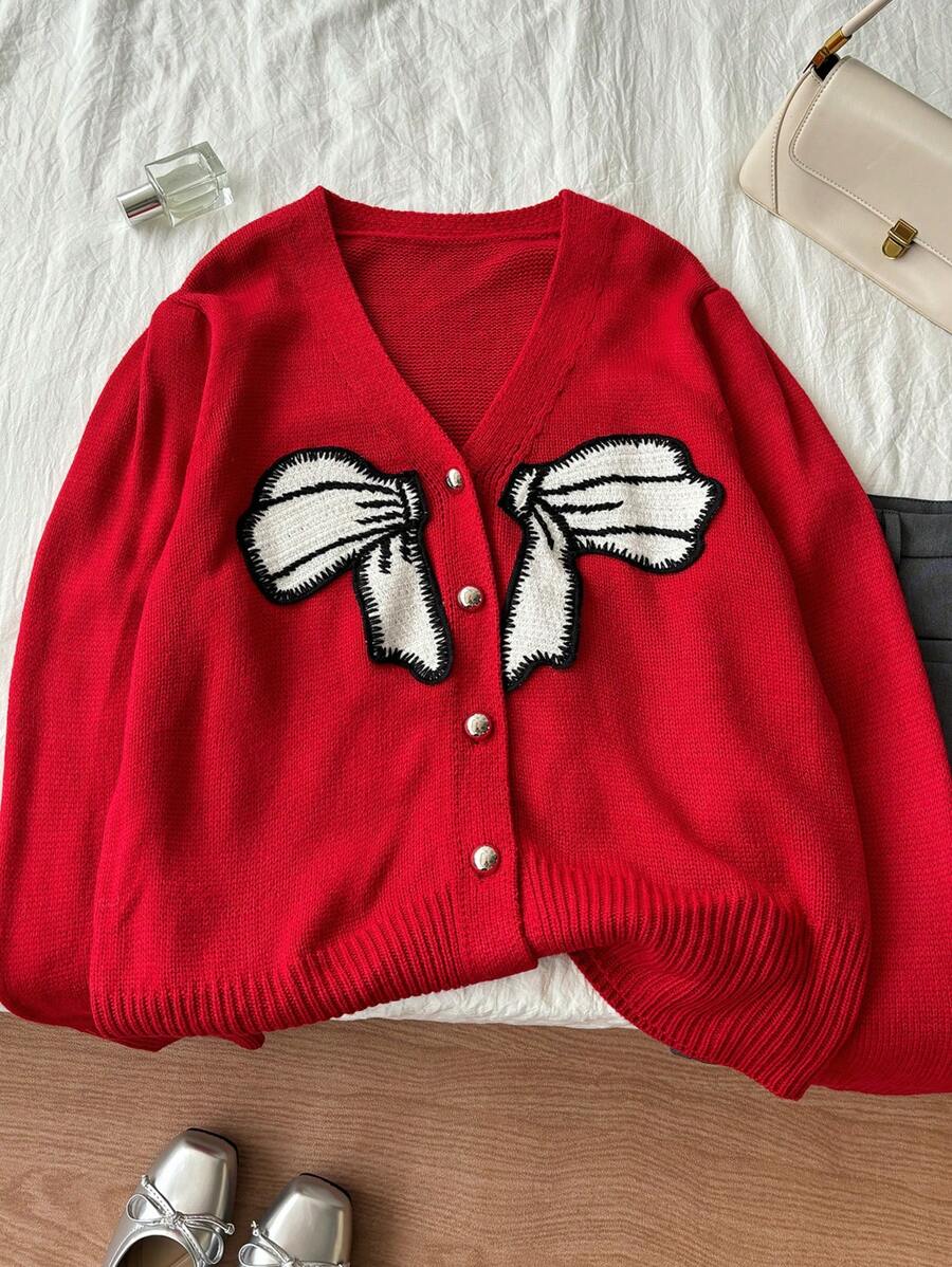 SHEIN Frenchy Damen Große Größen Weihnachten Schmetterling V-Ausschnitt Strickjacke - Rot - Übersicht 1