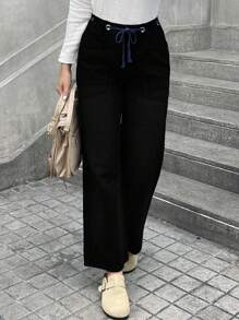 Solid Color Pocket Drawstring Women's Casual Straight Jeans - Black - View 5