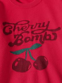 Girls Cute Cherry Pattern Knit Sweater, Children's Autumn Fashion Casual Round Neck Long Sleeve Pullover - Red - View 3