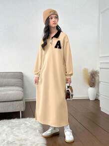 SHEIN Tween Girls' Casual Solid Color Apricot Oversized Hoodie Dress With Contrast Color Collar And Graphic Letter Decoration, Fashion For Autumn/Winter Outings And Home Wear